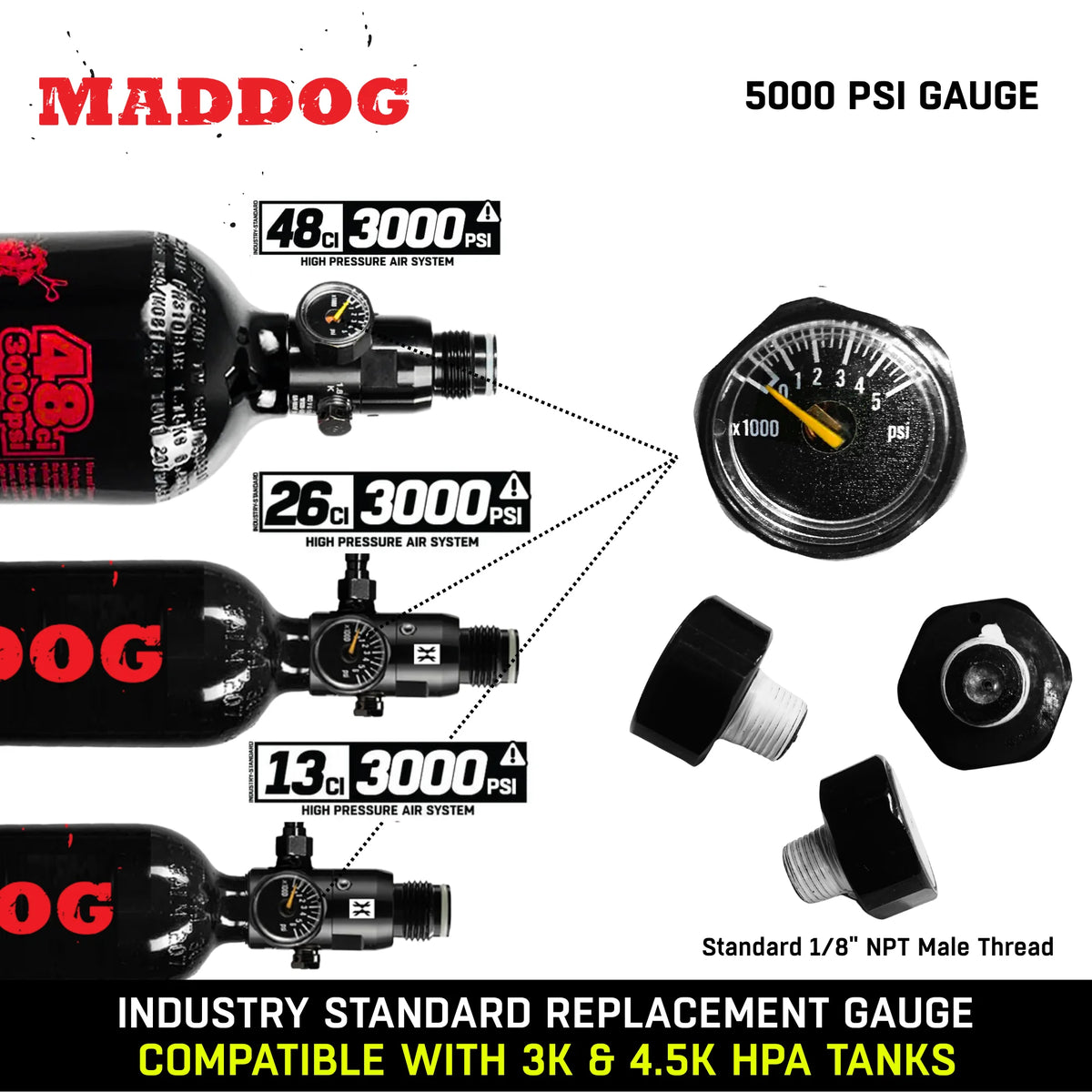 Maddog 5000 PSI HPA Paintball Tank Replacement Pressure Gauge – 1/8" NPT