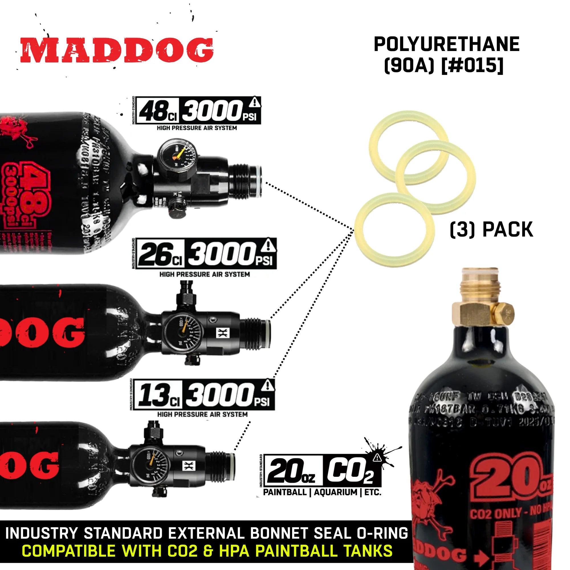 Maddog #015 Paintball Tank O-Rings – CO2 & HPA Replacement - 3 Pack