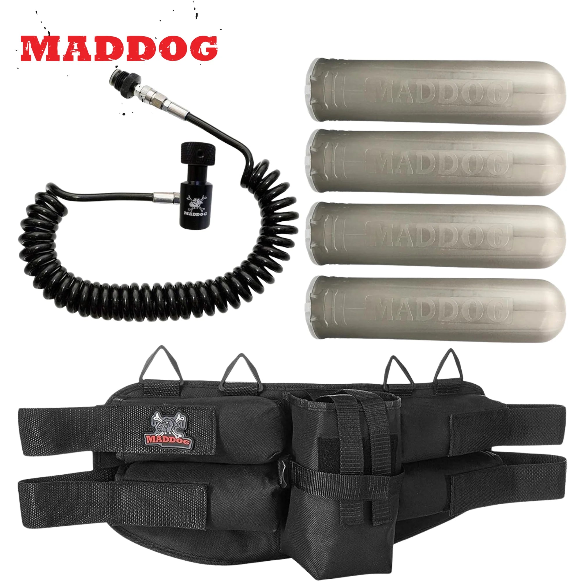 Maddog 4+1 Paintball Harness Pod Pack with (4) Paintball Pods and Quick Disconnect Paintball Tank Remote Coil Combo | Compressed Air (HPA) & CO2 Compatible