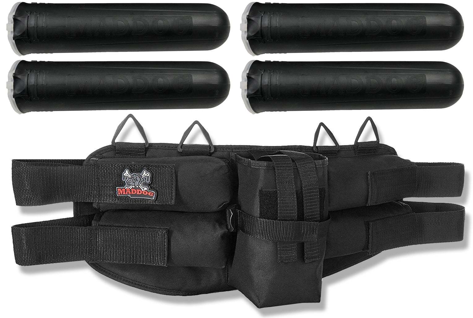 Maddog black paintball harness with four pods and tank holder pouch, adjustable waist belt, heavy duty nylon fabric
