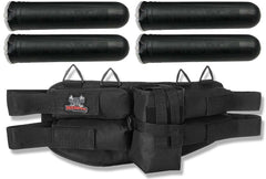Maddog black paintball harness with four pods and tank holder pouch, adjustable waist belt, heavy duty nylon fabric