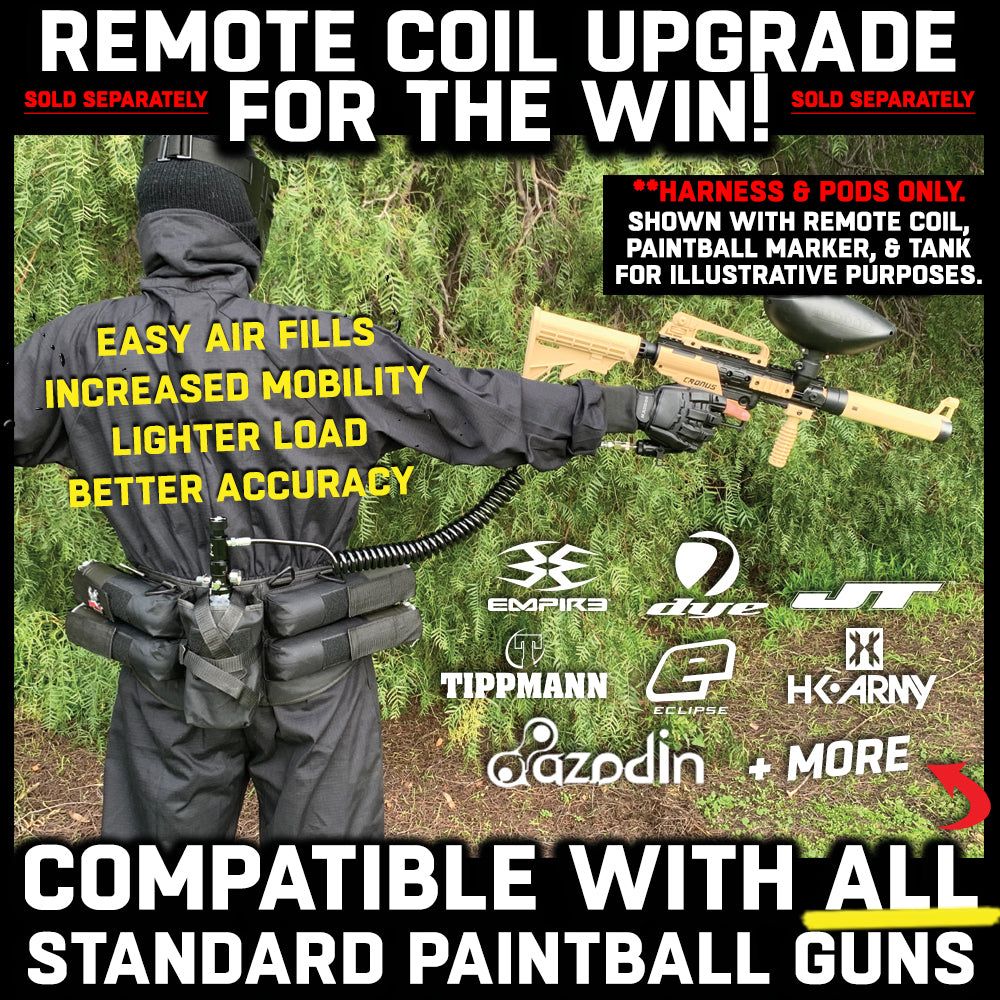 Paintball harness with four pod holders, tank pouch, and adjustable padded waist belt, compatible with standard paintball guns.