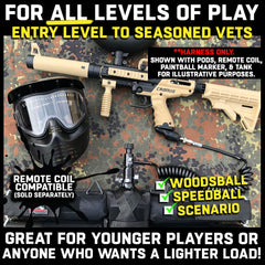Maddog 4+1 entry level paintball harness pod pack belt with HPA CO2 tank holder pouch on camouflage background next to paintball gear
