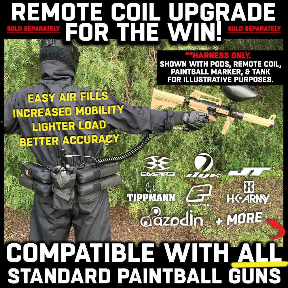 Black Maddog 4+1 paintball harness belt with padded adjustable waist, pod holders, and tank pouch designed for easy air fills and increased mobility