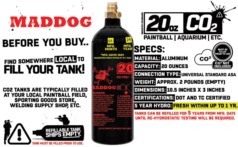 20 oz lightweight aluminum paintball CO2 tank with 5 year hydro date, ships empty, compatible with standard paintball guns