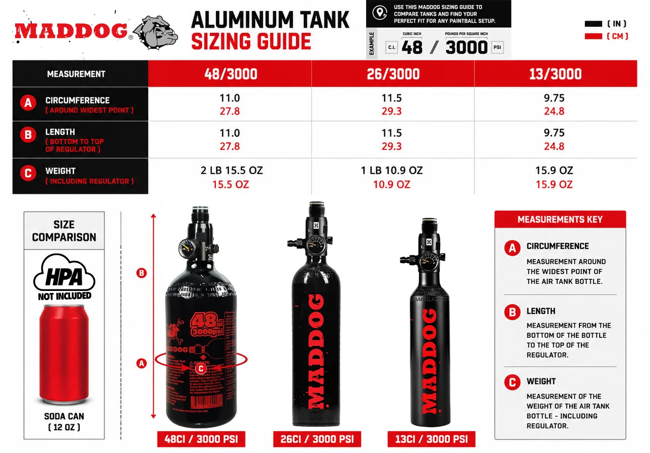 Maddog Aluminum HPA Paintball Tank – 13ci / 26ci / 48ci 3000 PSI Compressed Air System