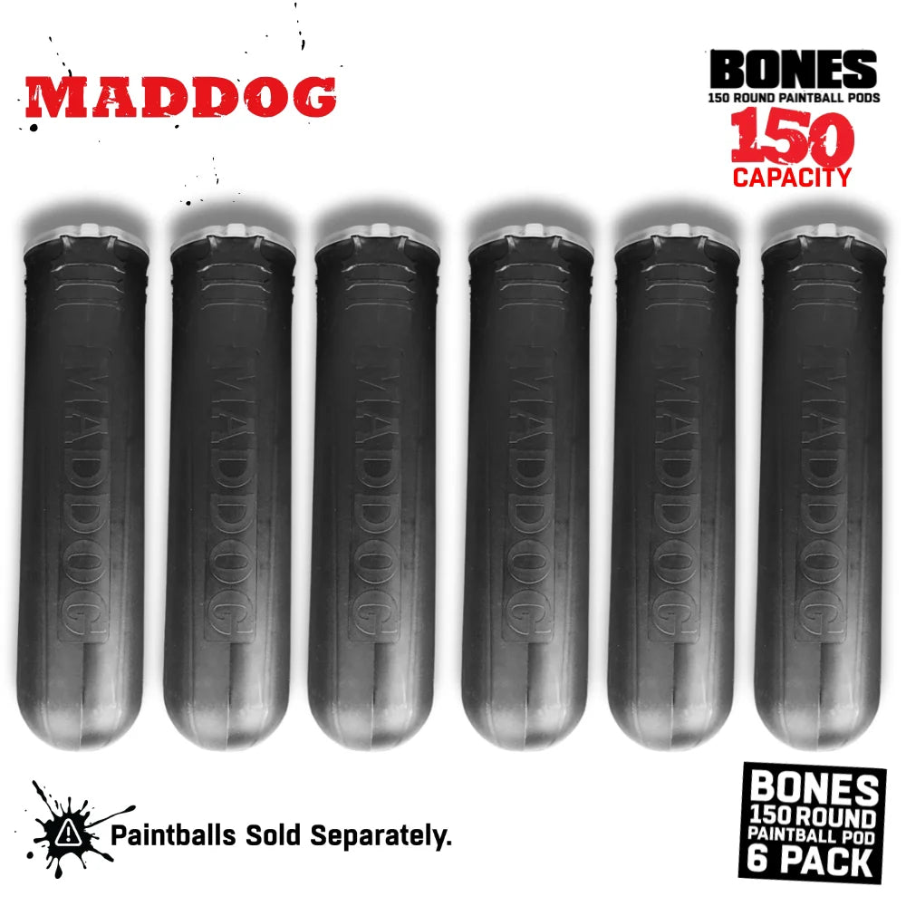 Maddog 150 Round Paintball Pods – BONES Grip Pod Tubes (6 Pack)