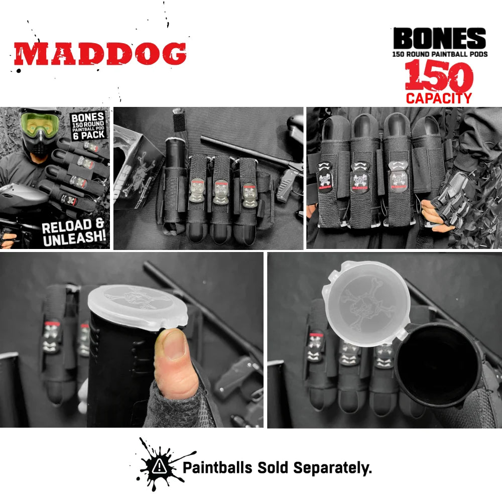 Maddog 150 Round Paintball Pods – BONES Grip Pod Tubes (6 Pack)