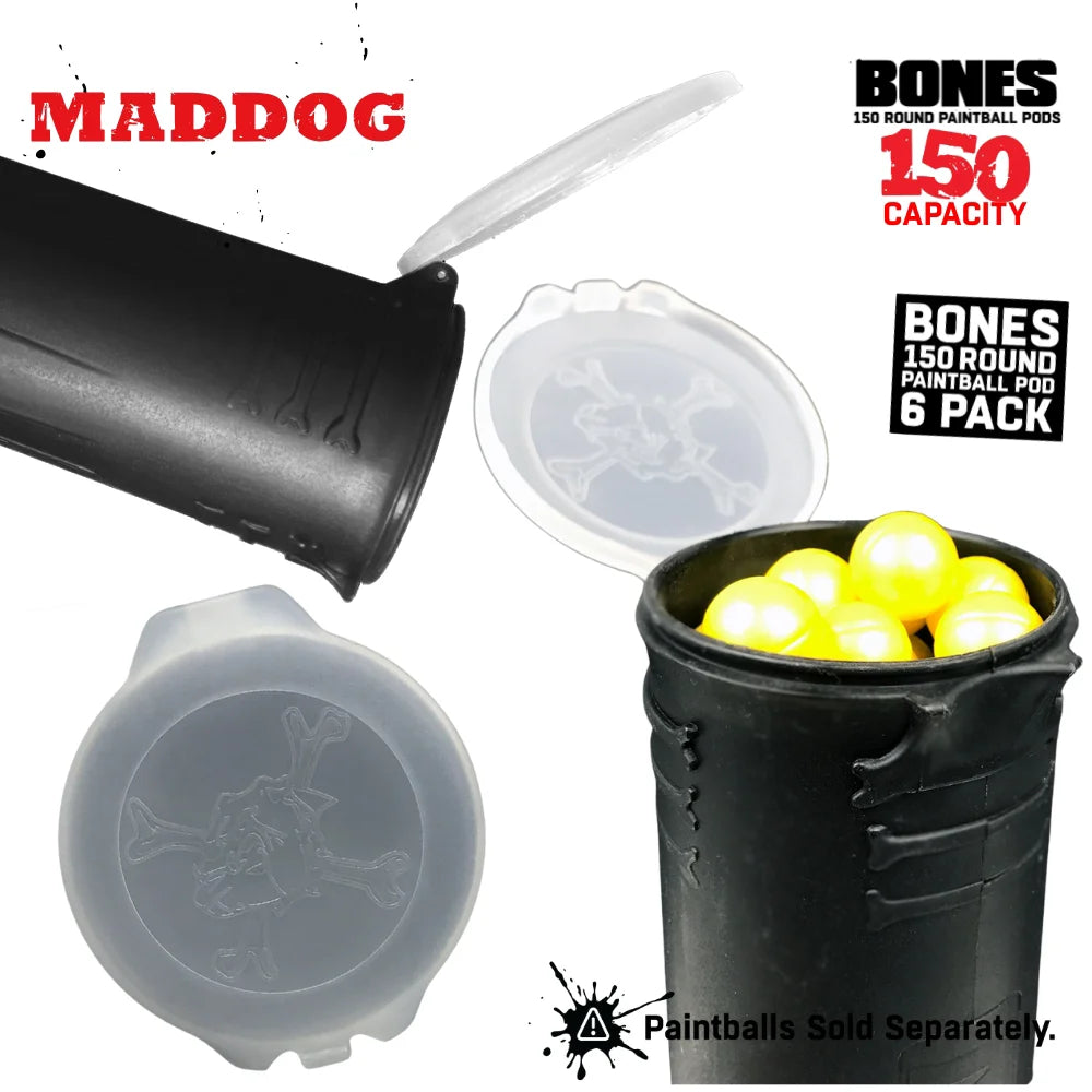 Maddog 150 Round Paintball Pods – BONES Grip Pod Tubes (6 Pack)