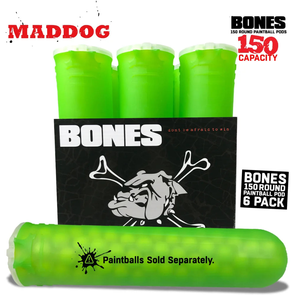Maddog 150 Round Paintball Pods – BONES Grip Pod Tubes (6 Pack)