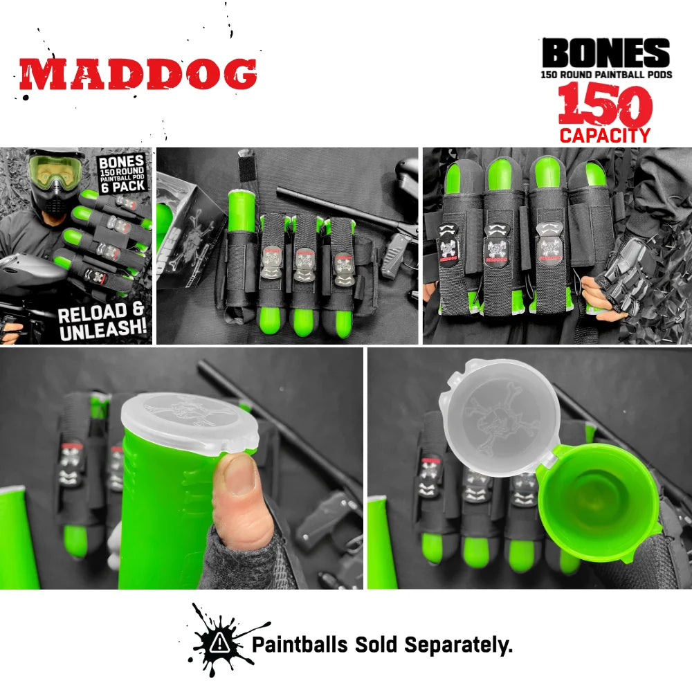 Maddog 150 Round Paintball Pods – BONES Grip Pod Tubes (6 Pack)