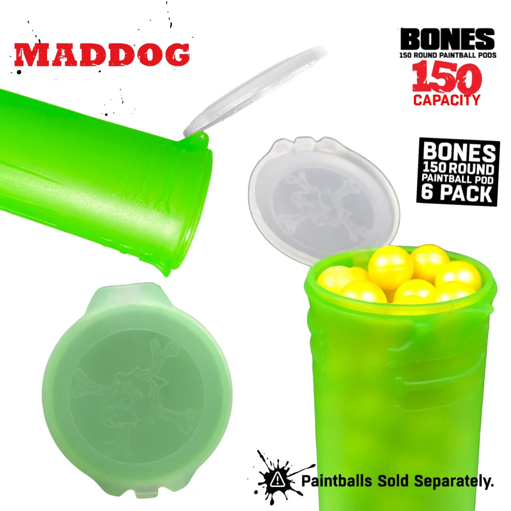 Maddog 150 Round Paintball Pods – BONES Grip Pod Tubes (6 Pack)