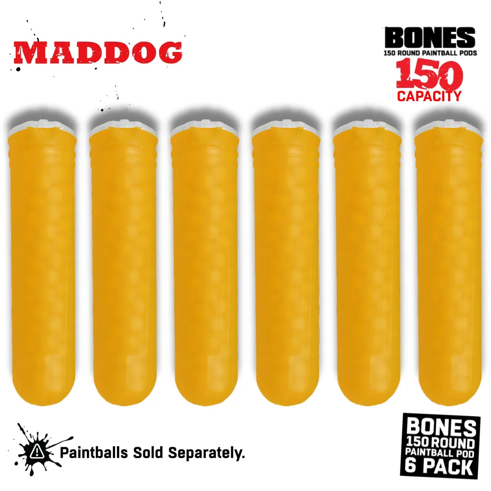 Maddog 150 Round Paintball Pods – BONES Grip Pod Tubes (6 Pack)