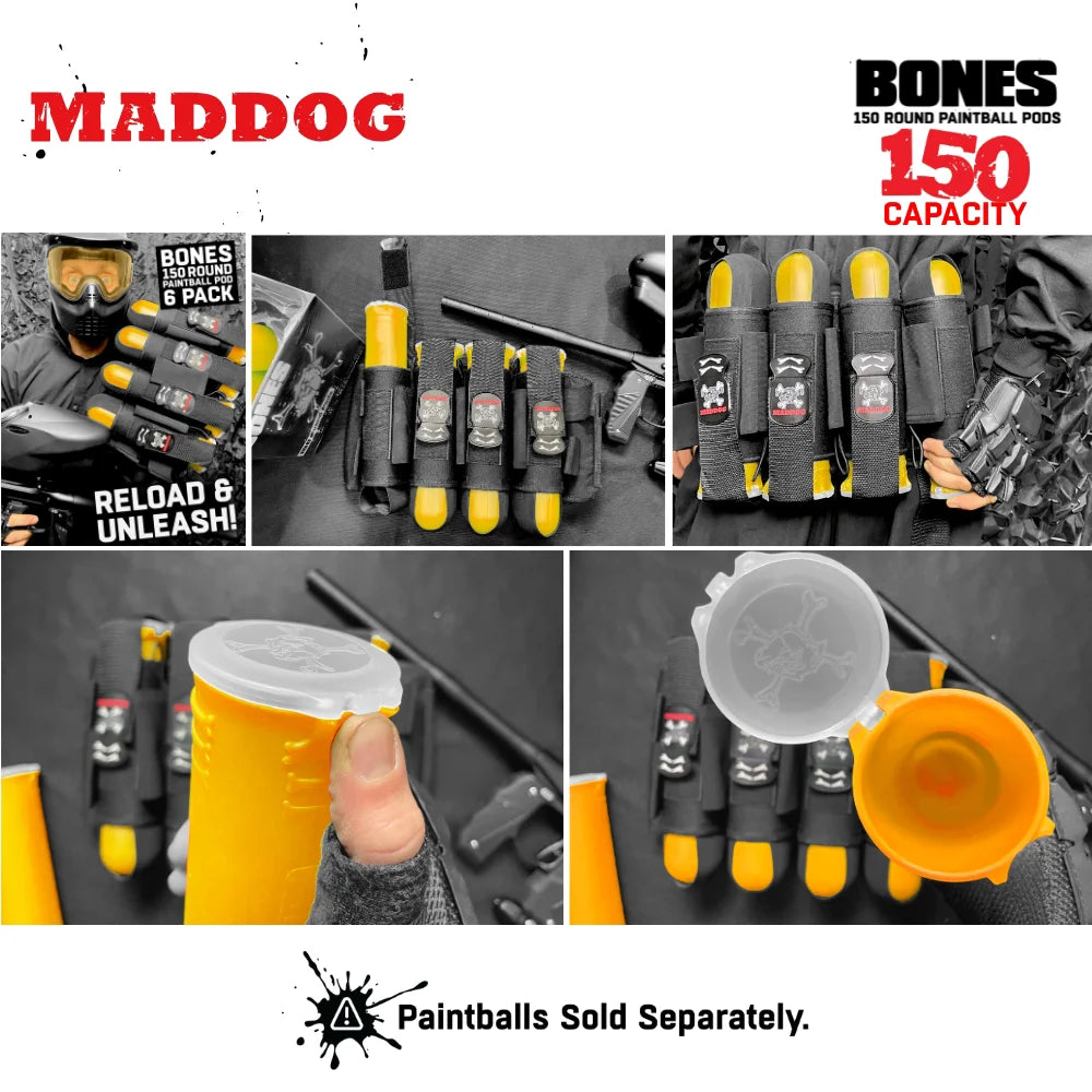 Maddog 150 Round Paintball Pods – BONES Grip Pod Tubes (6 Pack)