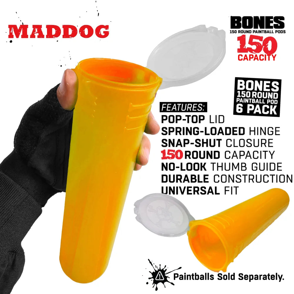 Maddog 150 Round Paintball Pods – BONES Grip Pod Tubes (6 Pack)
