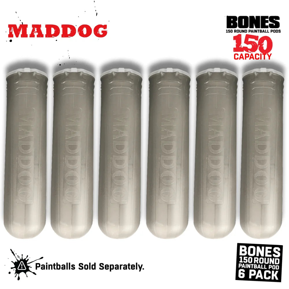 Maddog 150 Round Paintball Pods – BONES Grip Pod Tubes (6 Pack)