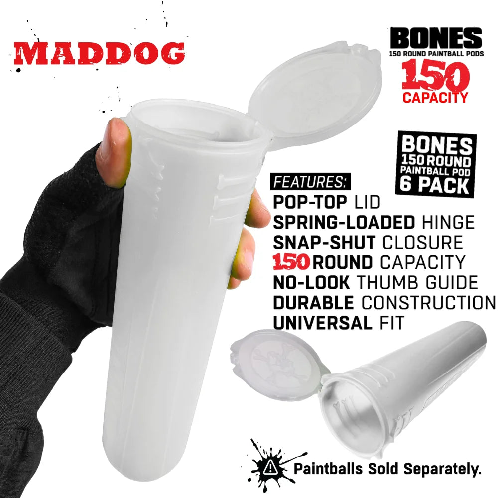 Maddog 150 Round Paintball Pods – BONES Grip Pod Tubes (6 Pack)