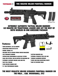Tippmann TMC MAGFED tactical .68 caliber paintball gun with dual feed system, 20-round magazines, durable aluminum receiver, and silver HPA accessory kit.