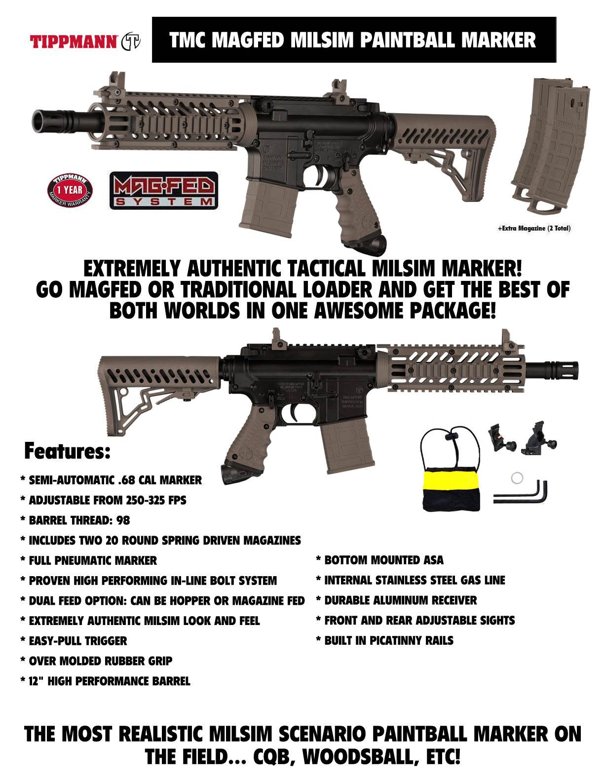 Tippmann TMC MAGFED Silver HPA Paintball Gun Marker starter package with mags, loader, mask, tank, and pods