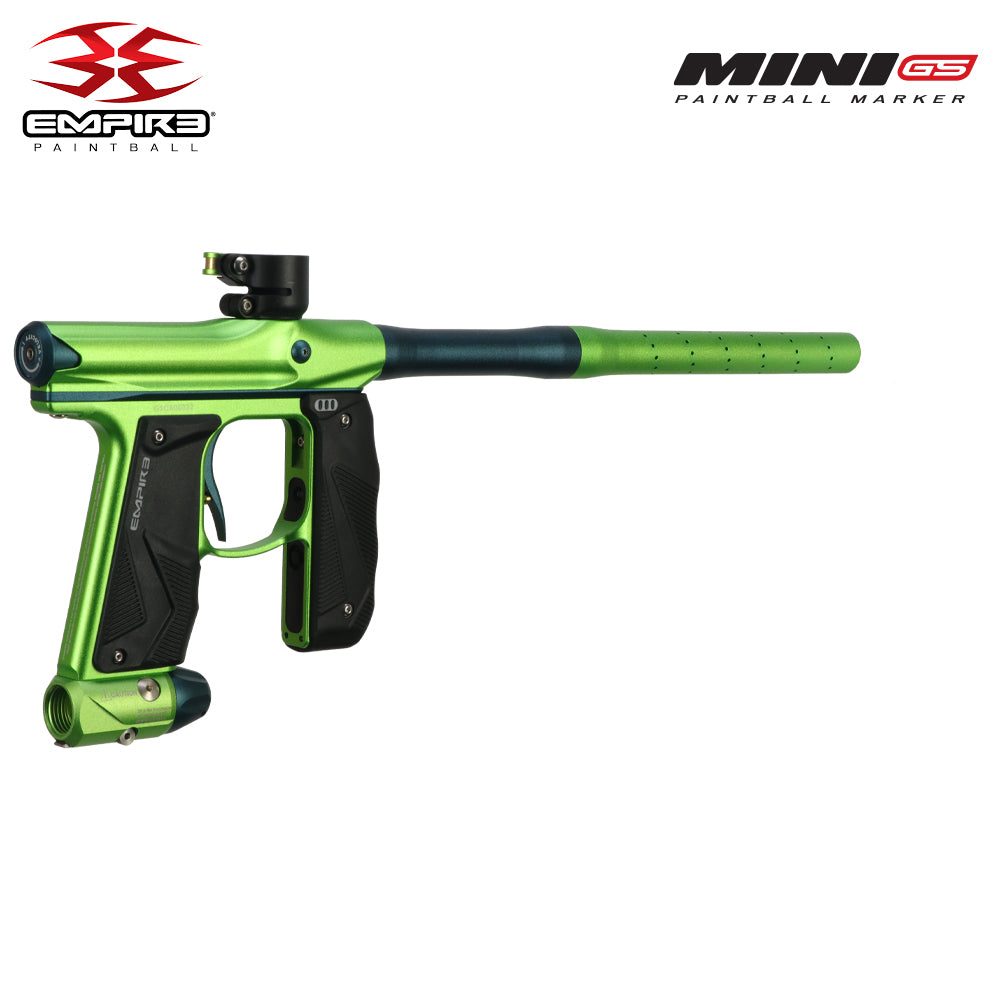 Empire Mini GS Paintball Gun in Dust Cadmium Green with Admiral Blue 2-piece barrel, electronic marker with wrap-around grip and On/Off ASA regulator.