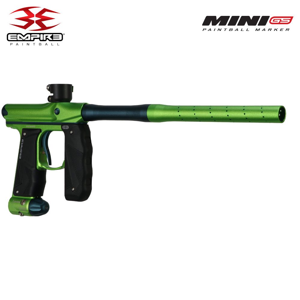 Empire Mini GS Paintball Gun in dust cadmium green and admiral blue with 2-piece barrel and wrap-around rubber foregrip.