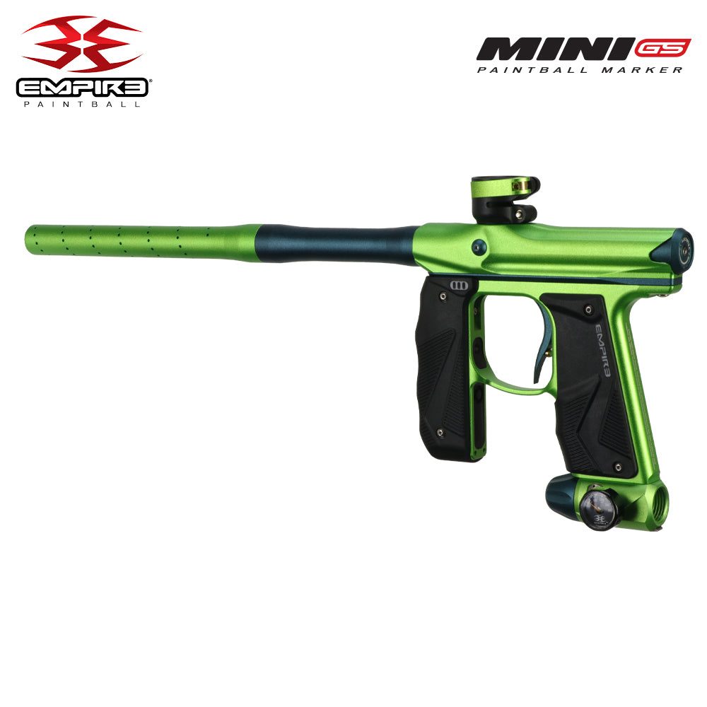Empire Mini GS Paintball Gun in dust cadmium green and admiral blue with 2-piece barrel and wrap-around foregrip