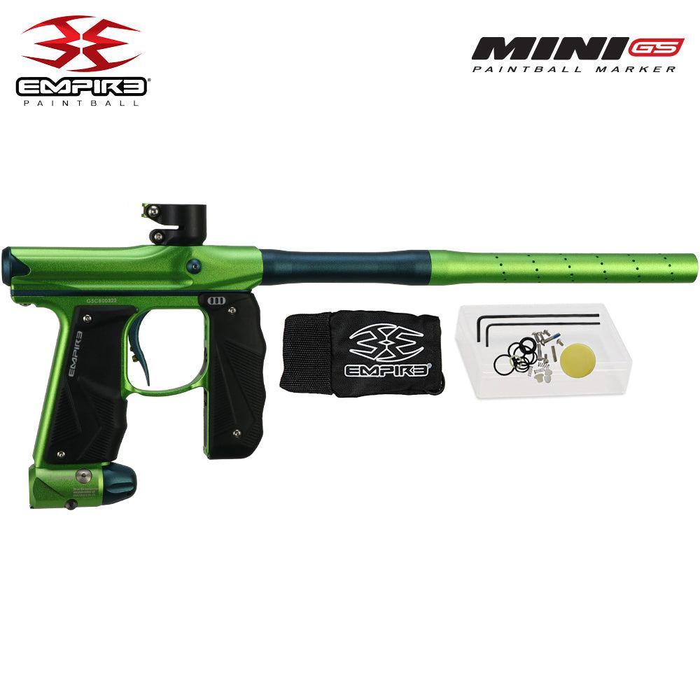 Empire Mini GS Paintball Gun in Dust Cadmium Green and Admiral Blue with two-piece barrel and accessory kit