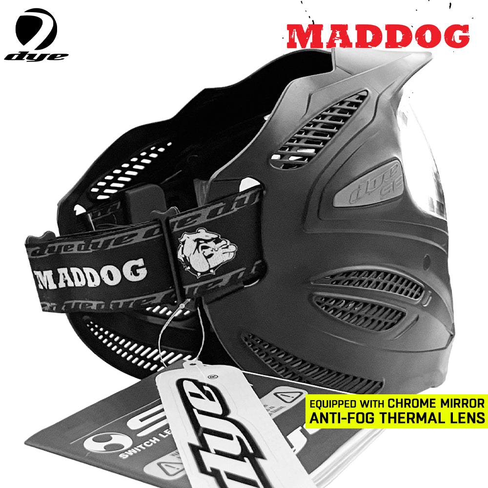 Maddog Dye SE Special Edition black paintball mask with chrome mirror anti-fog thermal lens and adjustable strap