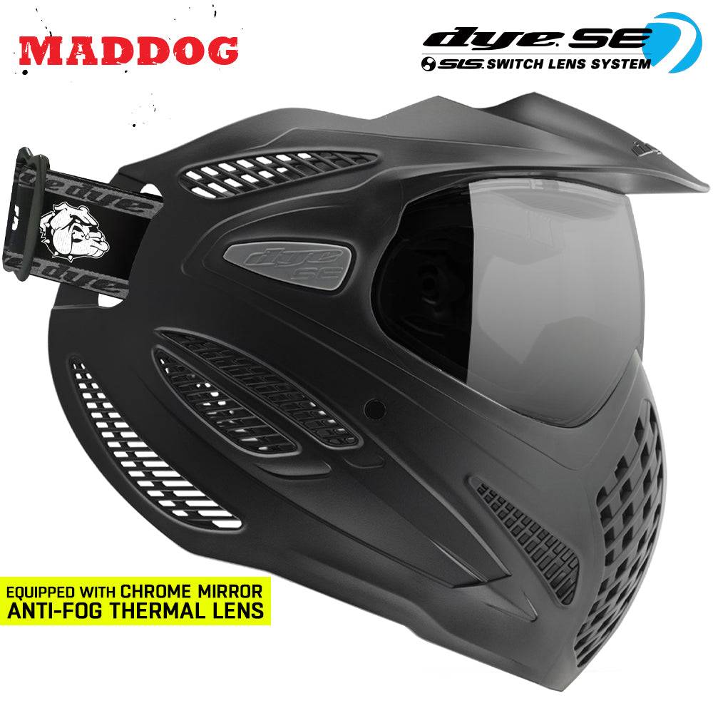 Maddog Dye SE Thermal black paintball mask with chrome mirror anti-fog thermal lens and switch lens system