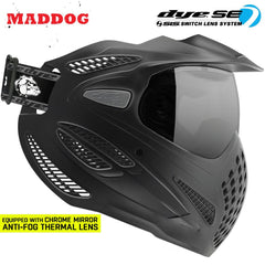 Maddog Dye SE Thermal black paintball mask with chrome mirror anti-fog thermal lens and switch lens system