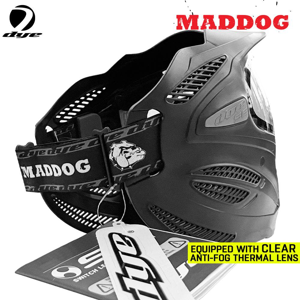 Maddog Dye SE Special Edition black paintball mask with clear anti-fog thermal lens and adjustable strap