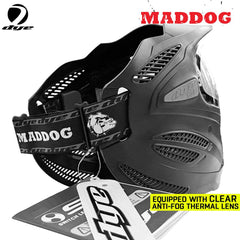 Maddog Dye SE Special Edition black paintball mask with clear anti-fog thermal lens and adjustable strap