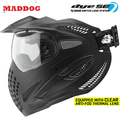 Maddog Dye SE Special Edition black paintball mask with clear thermal anti-fog lens and adjustable strap