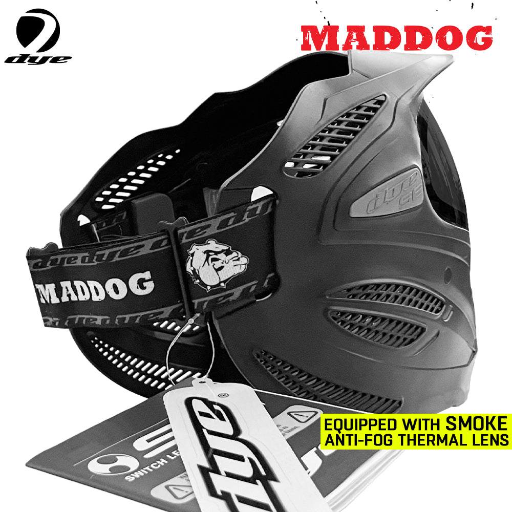 Black Maddog Dye SE Thermal anti-fog paintball mask with smoke lens and adjustable strap