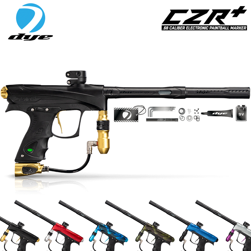 DYE CZR+ Paintball Gun electronic marker with Boomstick-I barrel, ergonomic composite frame, and tool-less maintenance system in multiple colors.