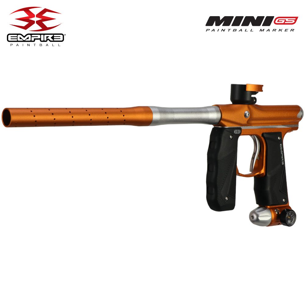 Empire Mini GS paintball gun in dust tangerine and white with 2-piece barrel and wrap-around foregrip.