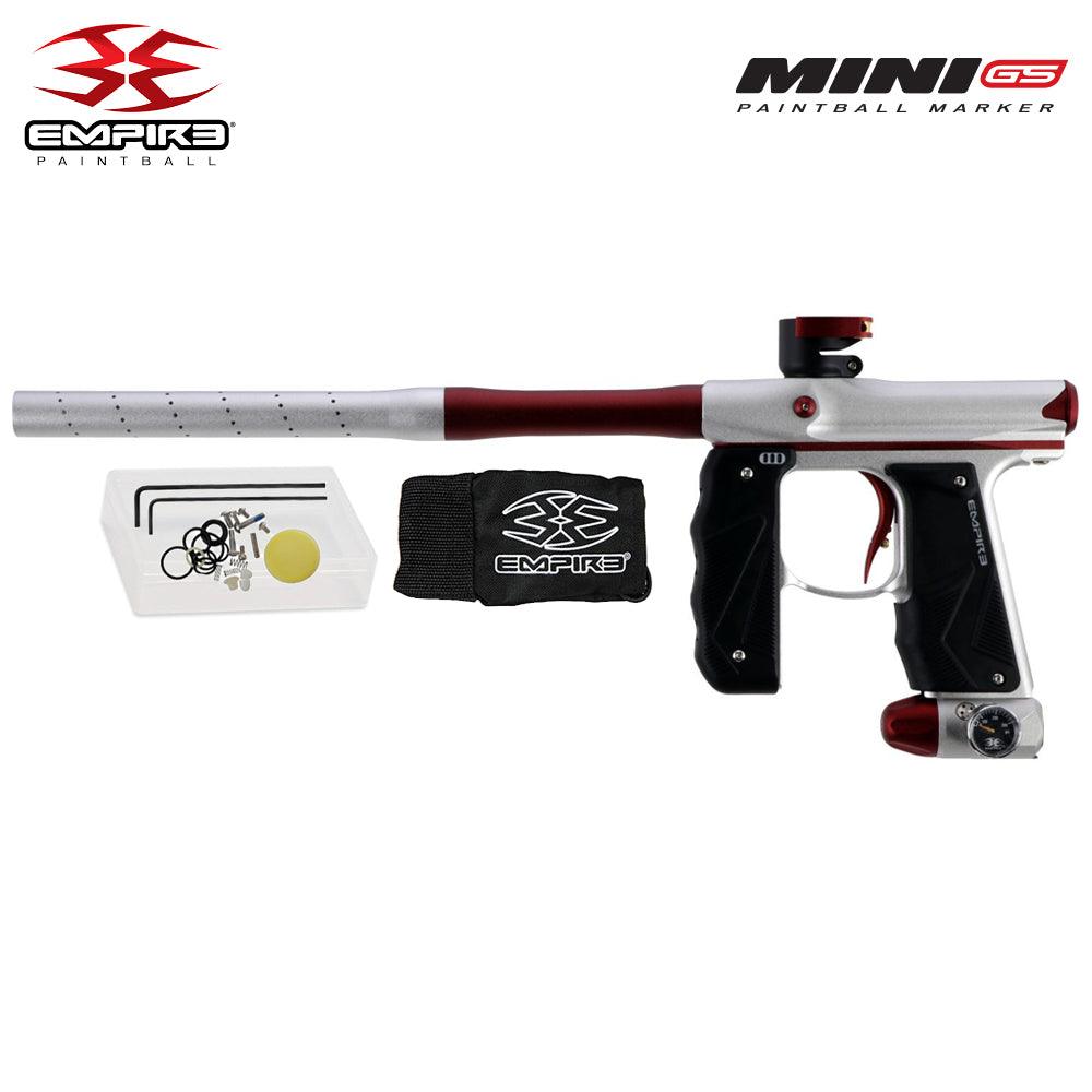 Empire Mini GS electronic full-auto paintball marker in dust silver and red with 14-inch autococker barrel and wrap-around foregrip.