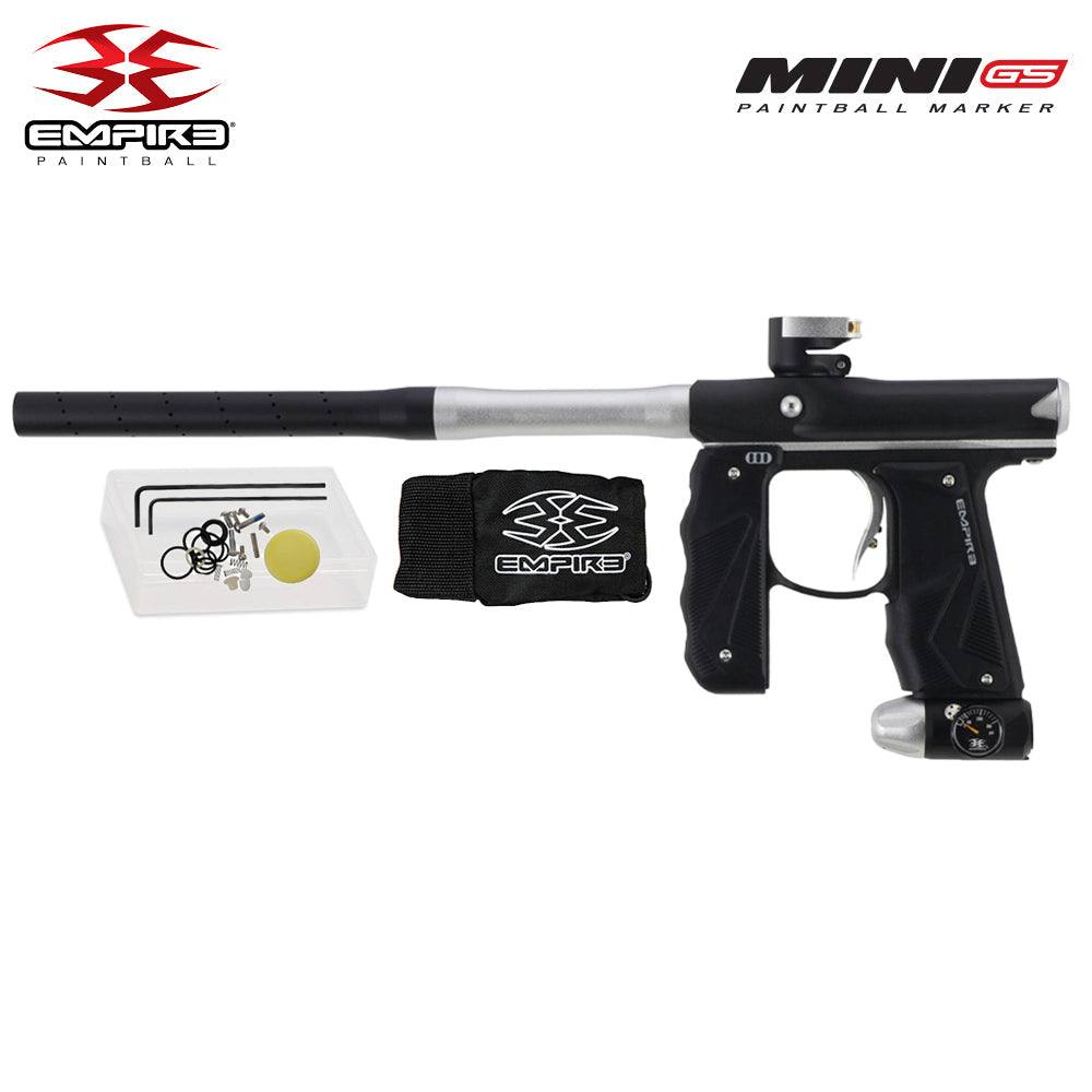 Empire Mini GS electronic paintball gun marker with full-auto mode, 14-inch barrel, and accessories in dust black and silver finish