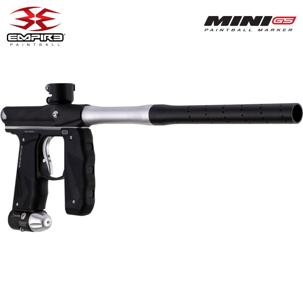 Empire Mini GS full auto electronic paintball gun marker with wrap-around grip and 14-inch Autococker barrel in dust black and silver