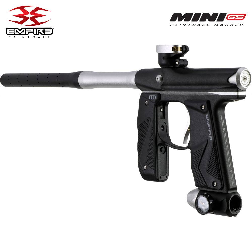 Empire Mini GS full-auto electronic paintball gun marker in dust black and silver with 14-inch autococker barrel and wrap-around foregrip.