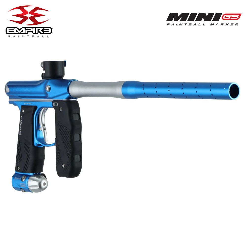 Empire Mini GS full-auto electronic paintball gun marker in dust blue and dust silver with wrap-around foregrip and 14-inch autococker barrel system.