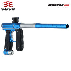 Empire Mini GS full-auto electronic paintball gun marker in dust blue and dust silver with wrap-around foregrip and 14-inch autococker barrel system.