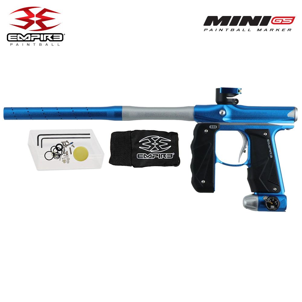 Empire Mini GS electronic full-auto paintball gun marker in dust blue and silver with 14-inch barrel and accessories.