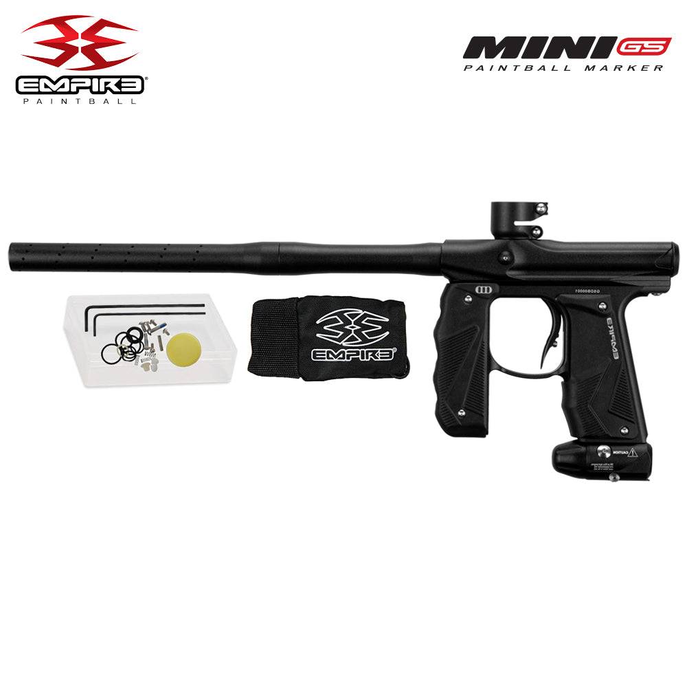 Empire Mini GS full-auto electronic paintball gun marker with 14-inch barrel, wrap-around foregrip, and hose-less design.