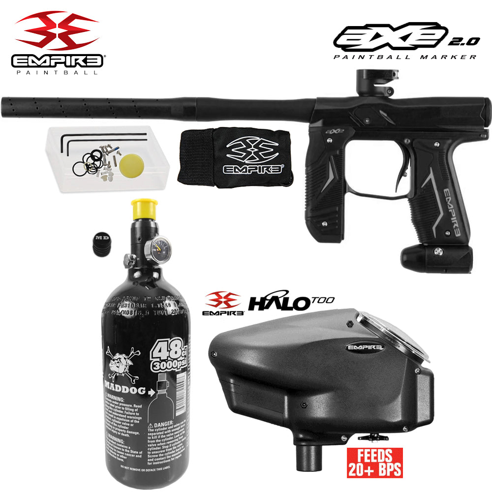 Empire Axe 2.0 Electronic Full Auto Paintball Gun Starter Package w/ 48/3000 Compressed Air HPA Paintball Tank & Empire Halo Too Electronic Paintball Loader