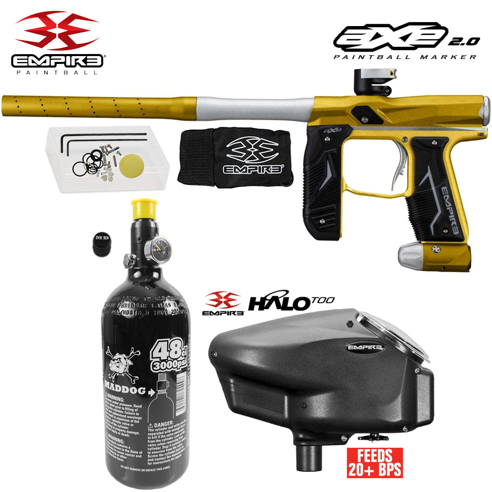 Empire Axe 2.0 Electronic Full Auto Paintball Gun Starter Package w/ 48/3000 Compressed Air HPA Paintball Tank & Empire Halo Too Electronic Paintball Loader