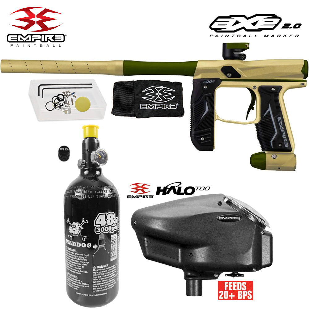Empire Axe 2.0 Electronic Full Auto Paintball Gun Starter Package w/ 48/3000 Compressed Air HPA Paintball Tank & Empire Halo Too Electronic Paintball Loader
