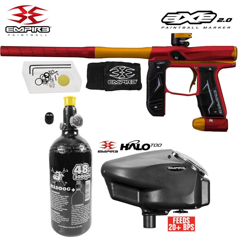 Empire Axe 2.0 Electronic Full Auto Paintball Gun Starter Package w/ 48/3000 Compressed Air HPA Paintball Tank & Empire Halo Too Electronic Paintball Loader