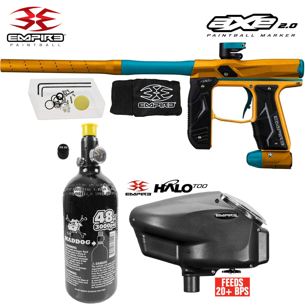 Empire Axe 2.0 Electronic Full Auto Paintball Gun Starter Package w/ 48/3000 Compressed Air HPA Paintball Tank & Empire Halo Too Electronic Paintball Loader