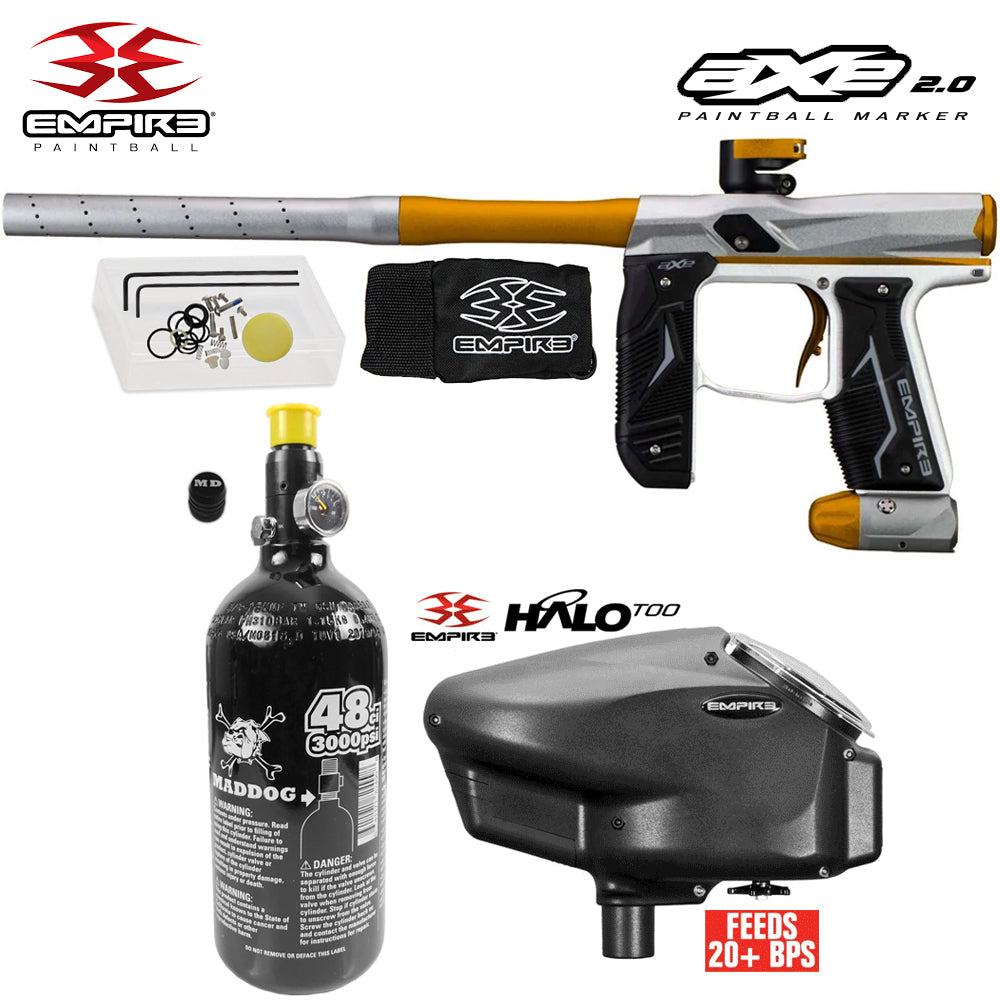 Empire Axe 2.0 Electronic Full Auto Paintball Gun Starter Package w/ 48/3000 Compressed Air HPA Paintball Tank & Empire Halo Too Electronic Paintball Loader